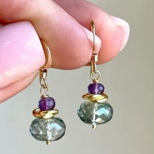Gold-Plated Green and Purple Faceted Glass Drop Earrings